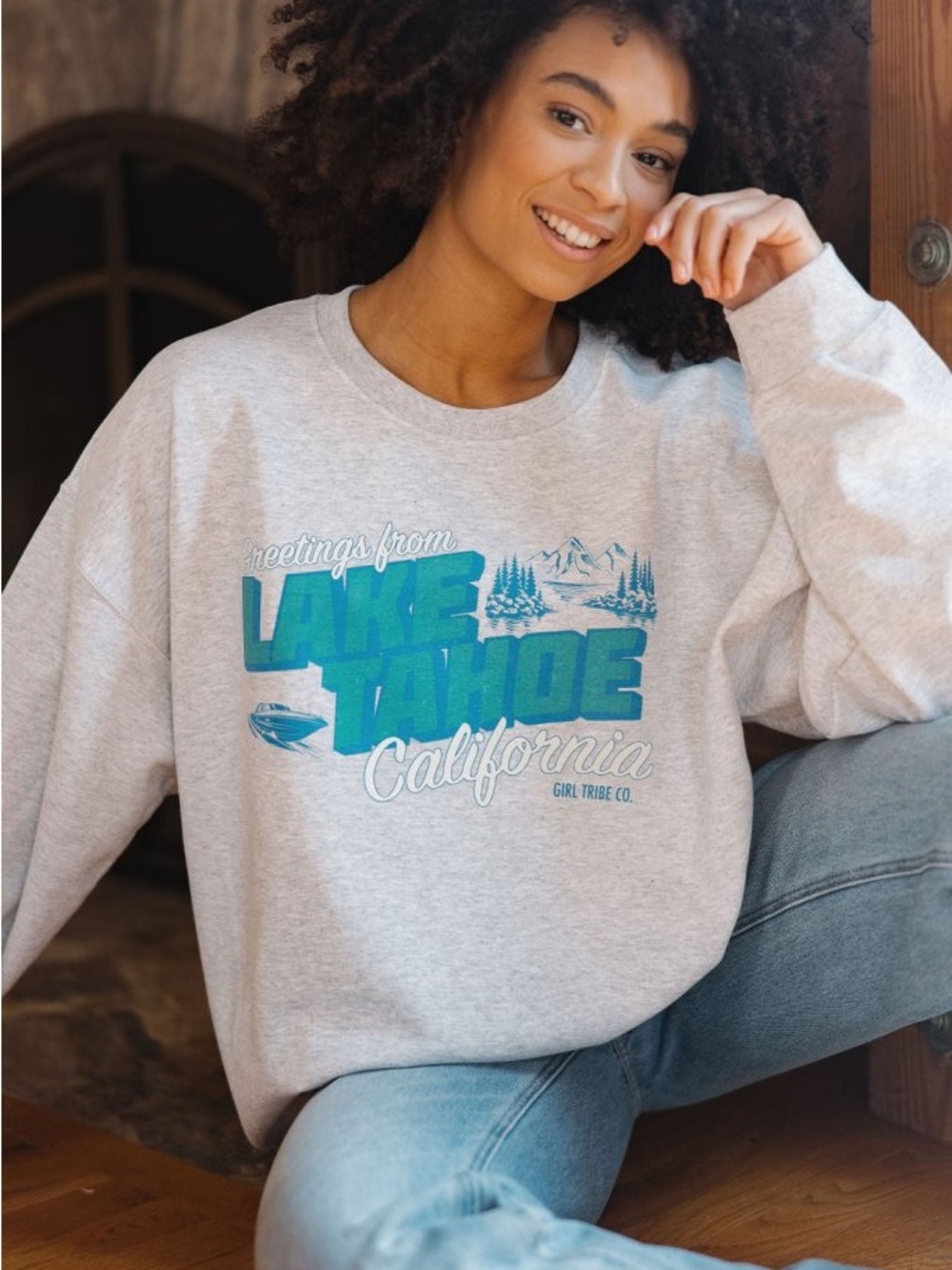 Girl Tribe Greetings from Lake Tahoe Crewneck Sweatshirt in Ash S